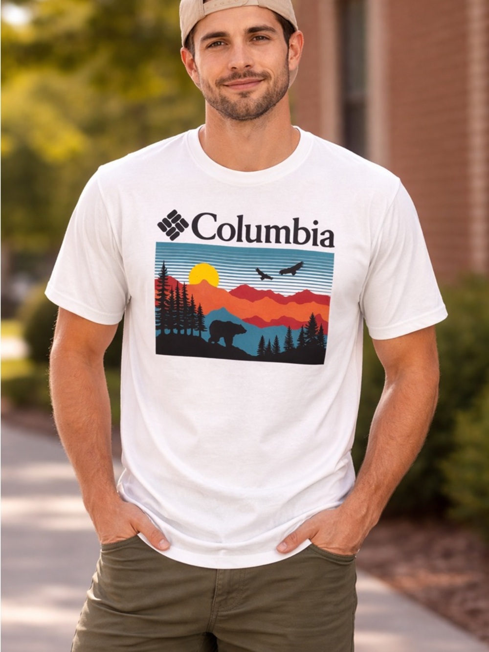 Columbia White Short‑Sleeve Scenic Logo Tee with Multicolor Mountain Print
